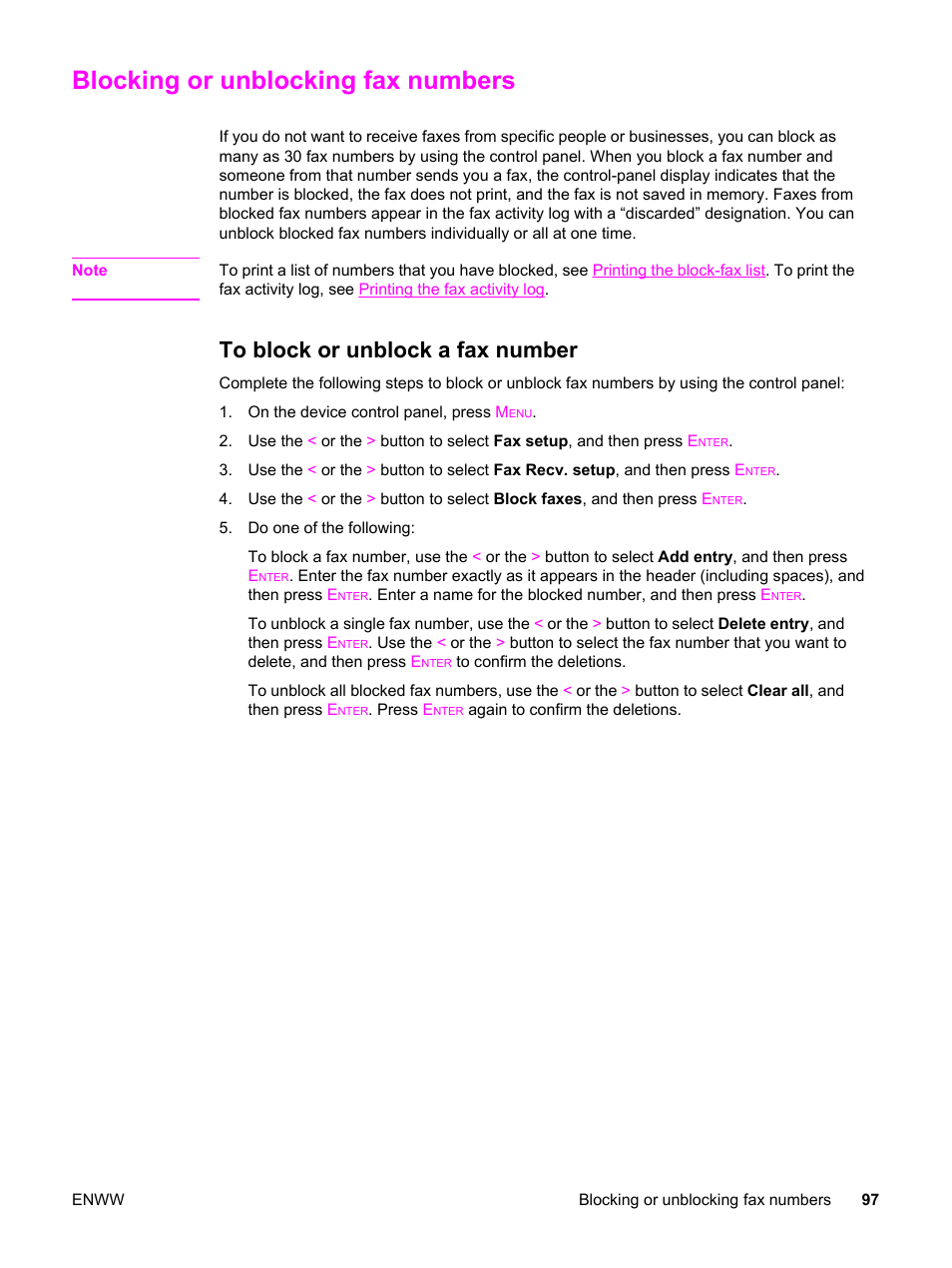 Blocking or unblocking fax numbers, To block or unblock a fax number | HP 2820 User Manual | Page 113 / 334