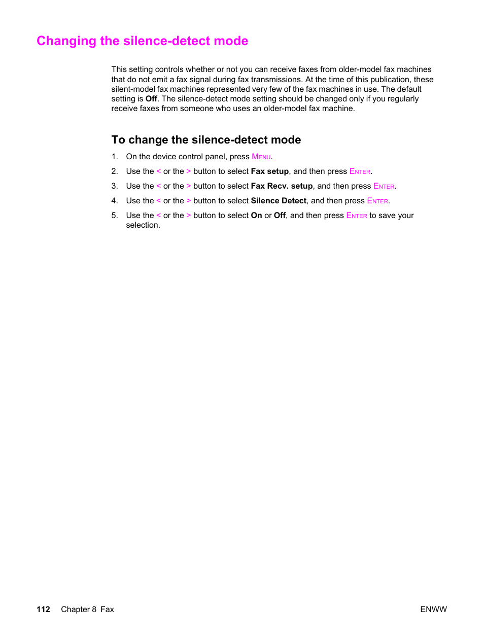 Changing the silence-detect mode, To change the silence-detect mode | HP 2820 User Manual | Page 128 / 334