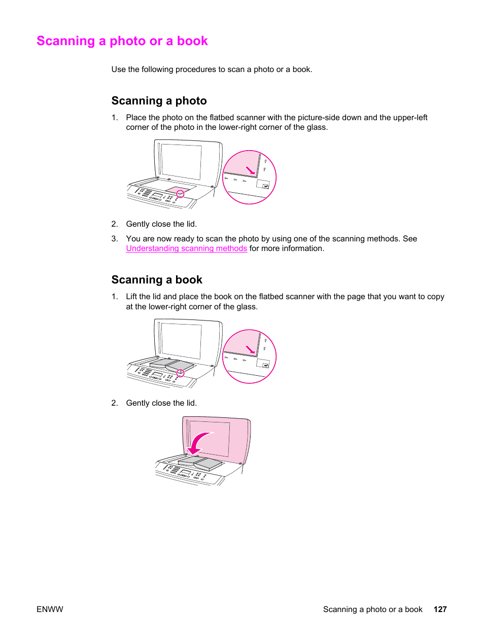 Scanning a photo or a book, Scanning a photo, Scanning a book | Scanning a photo scanning a book | HP 2820 User Manual | Page 143 / 334