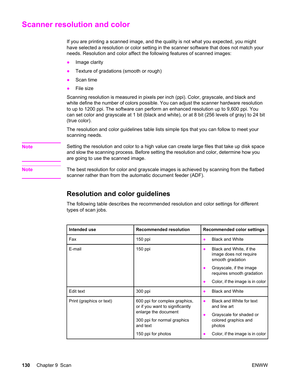 Scanner resolution and color, Resolution and color guidelines | HP 2820 User Manual | Page 146 / 334