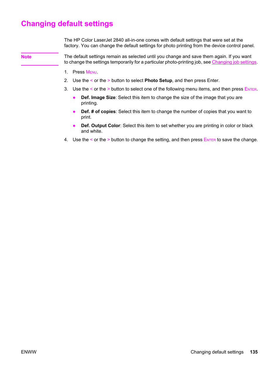 Changing default settings | HP 2820 User Manual | Page 151 / 334