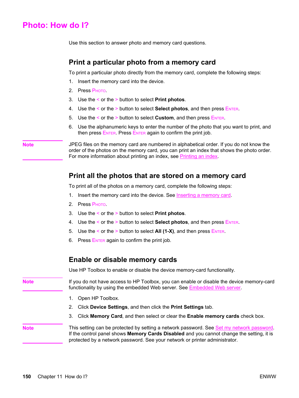 Photo: how do i, Print a particular photo from a memory card, Enable or disable memory cards | HP 2820 User Manual | Page 166 / 334