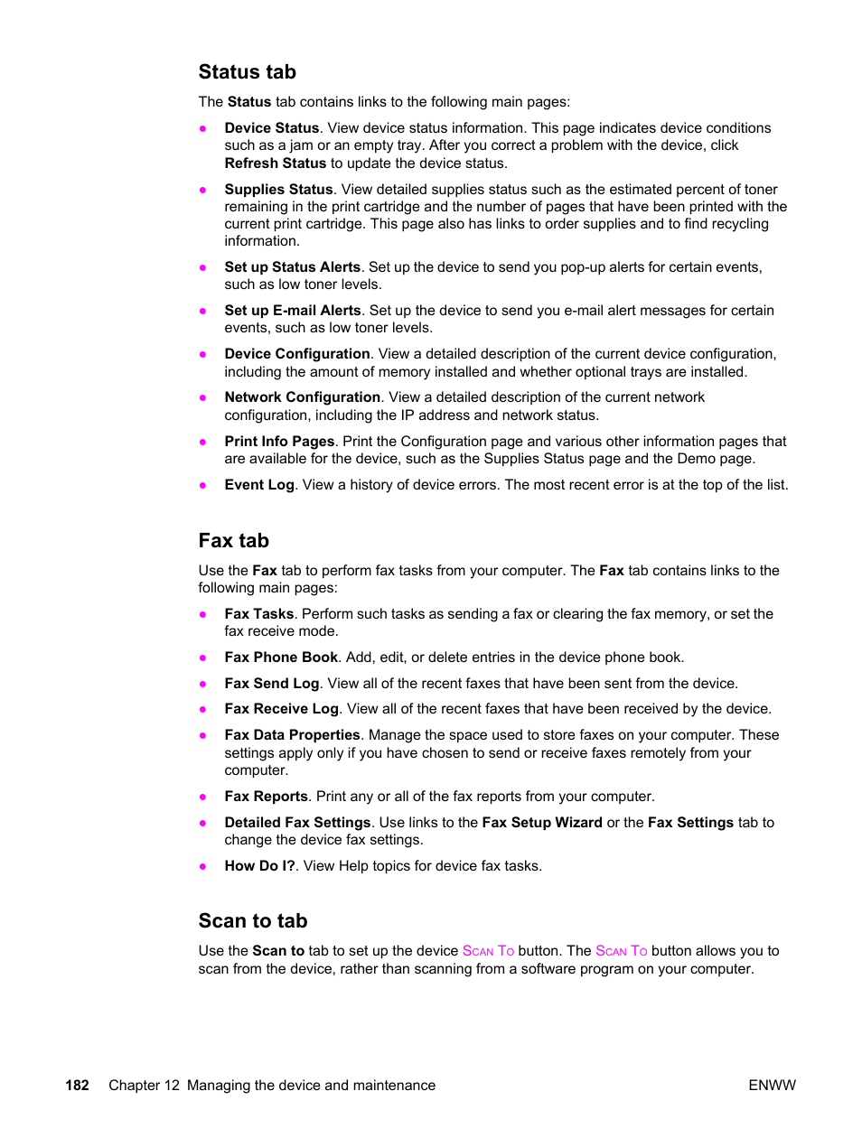 Status tab, Fax tab, Scan to tab | Status tab fax tab scan to tab | HP 2820 User Manual | Page 198 / 334