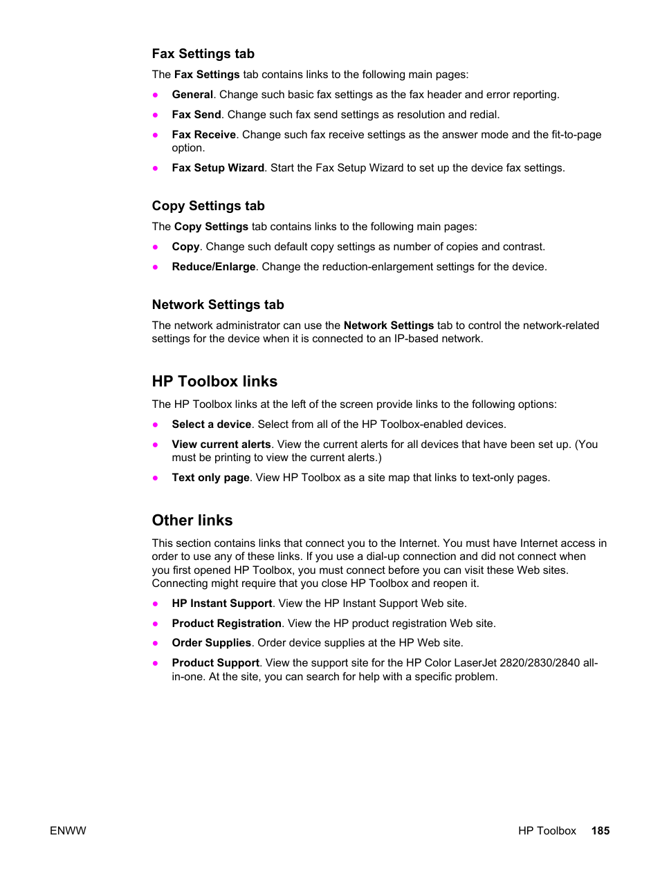 Hp toolbox links, Other links, Hp toolbox links other links | HP 2820 User Manual | Page 201 / 334