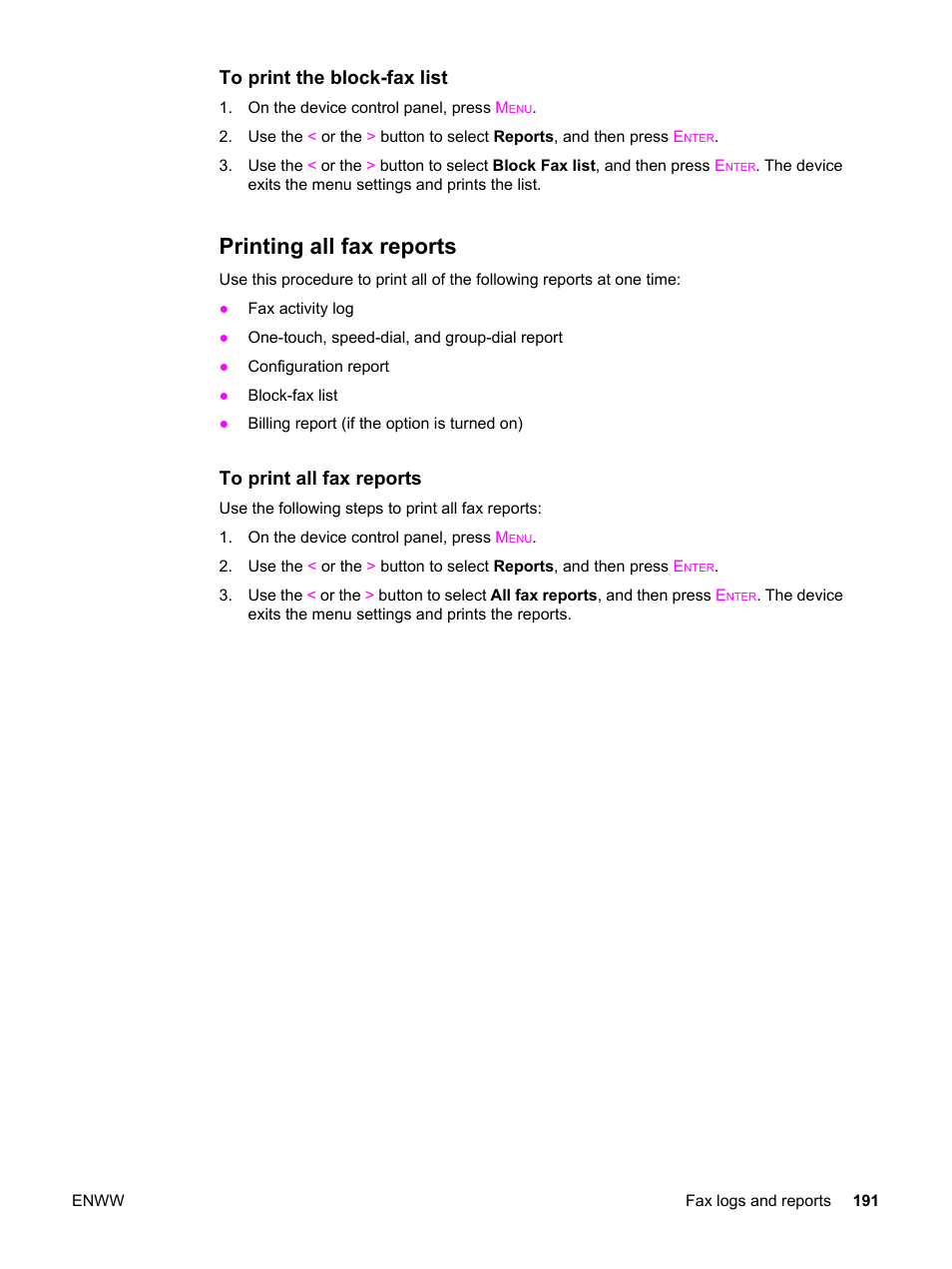 Printing all fax reports | HP 2820 User Manual | Page 207 / 334