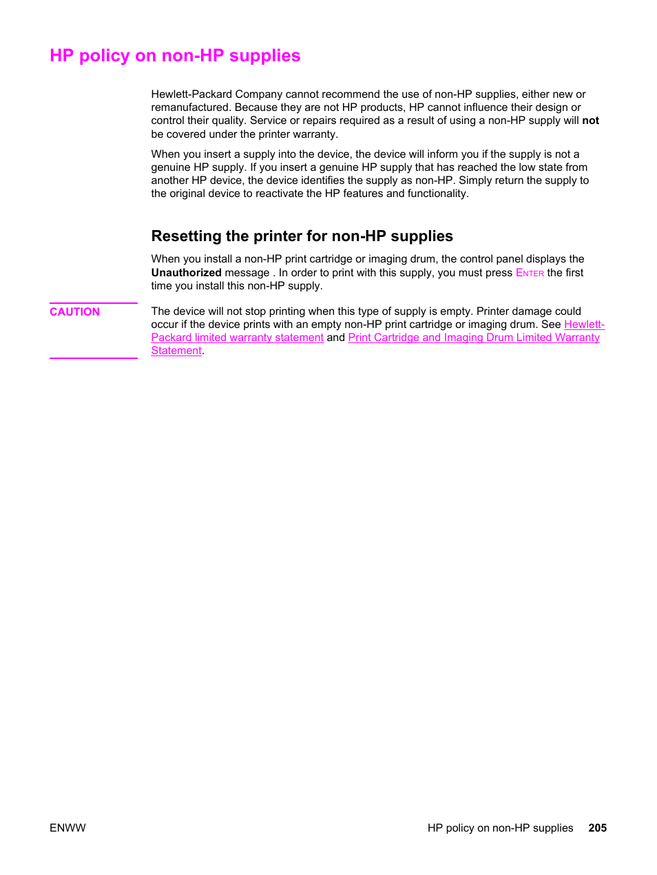 Hp policy on non-hp supplies, Resetting the printer for non-hp supplies | HP 2820 User Manual | Page 221 / 334