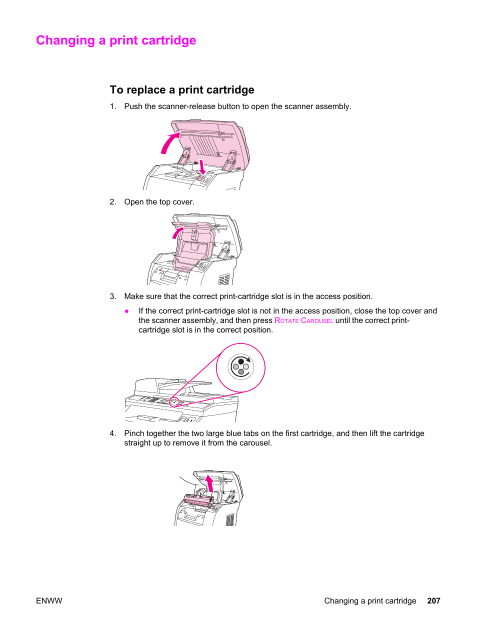 Changing a print cartridge, To replace a print cartridge | HP 2820 User Manual | Page 223 / 334