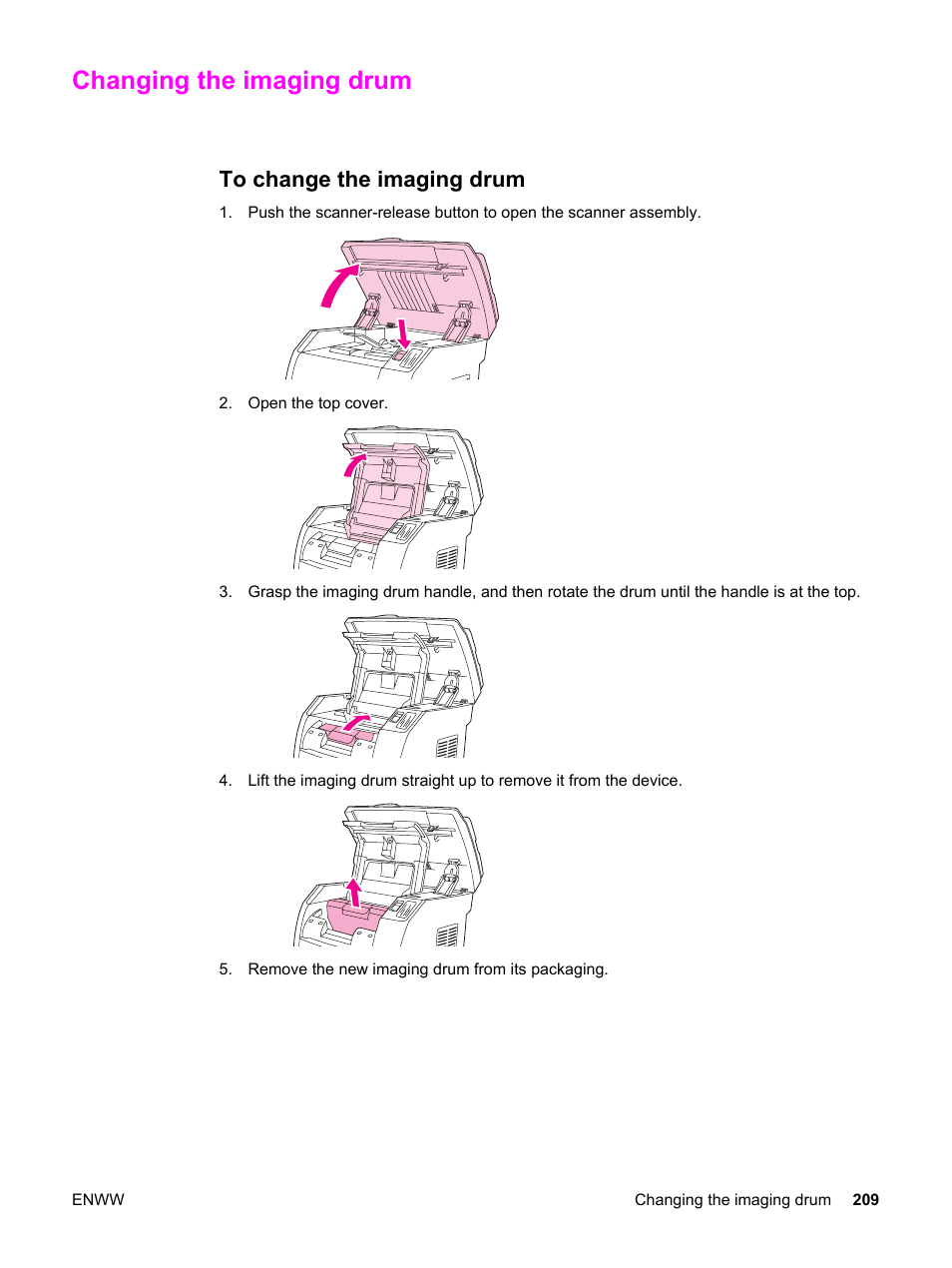 Changing the imaging drum, To change the imaging drum | HP 2820 User Manual | Page 225 / 334