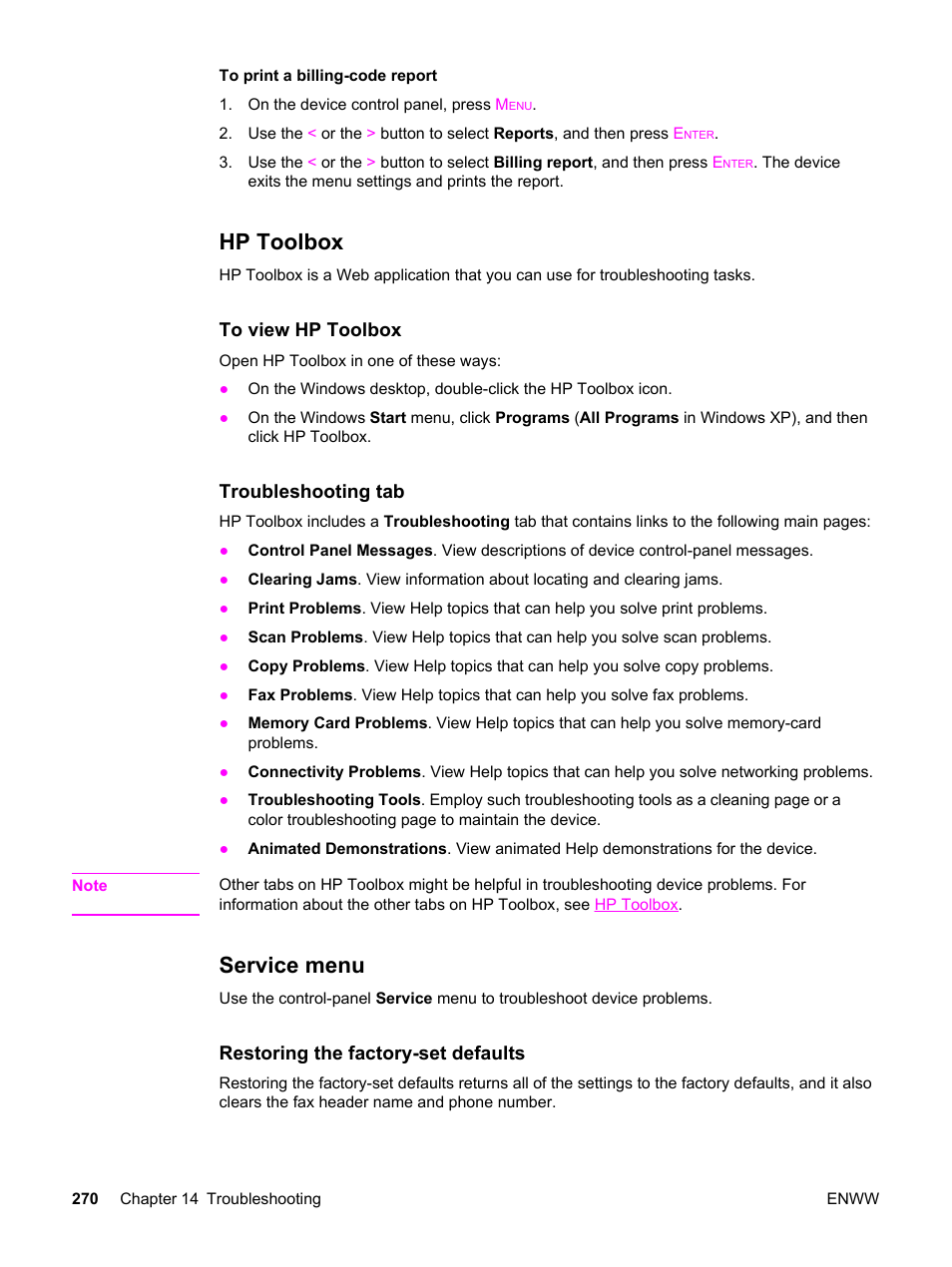 Hp toolbox, Service menu, Hp toolbox service menu | HP 2820 User Manual | Page 286 / 334