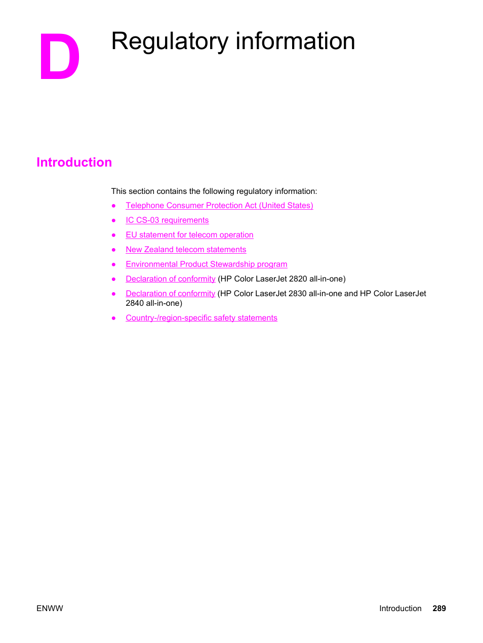 Regulatory information, Introduction, Appendix d regulatory information | HP 2820 User Manual | Page 305 / 334