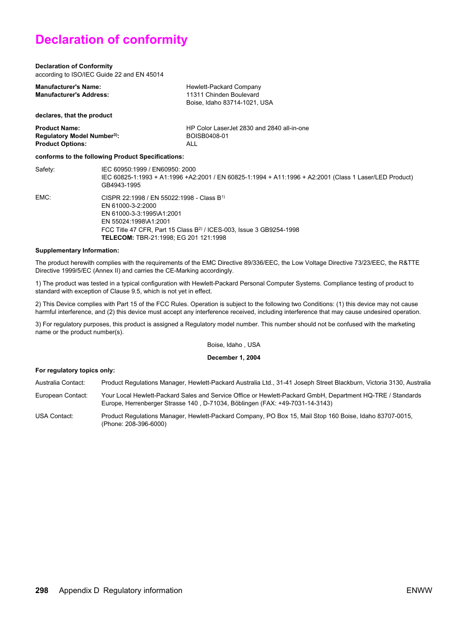 Declaration of conformity, 298 appendix d regulatory information enww | HP 2820 User Manual | Page 314 / 334