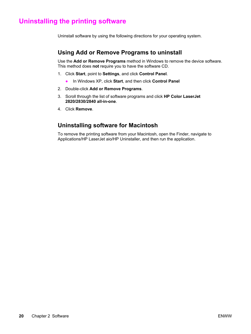 Uninstalling the printing software, Using add or remove programs to uninstall, Uninstalling software for macintosh | HP 2820 User Manual | Page 36 / 334