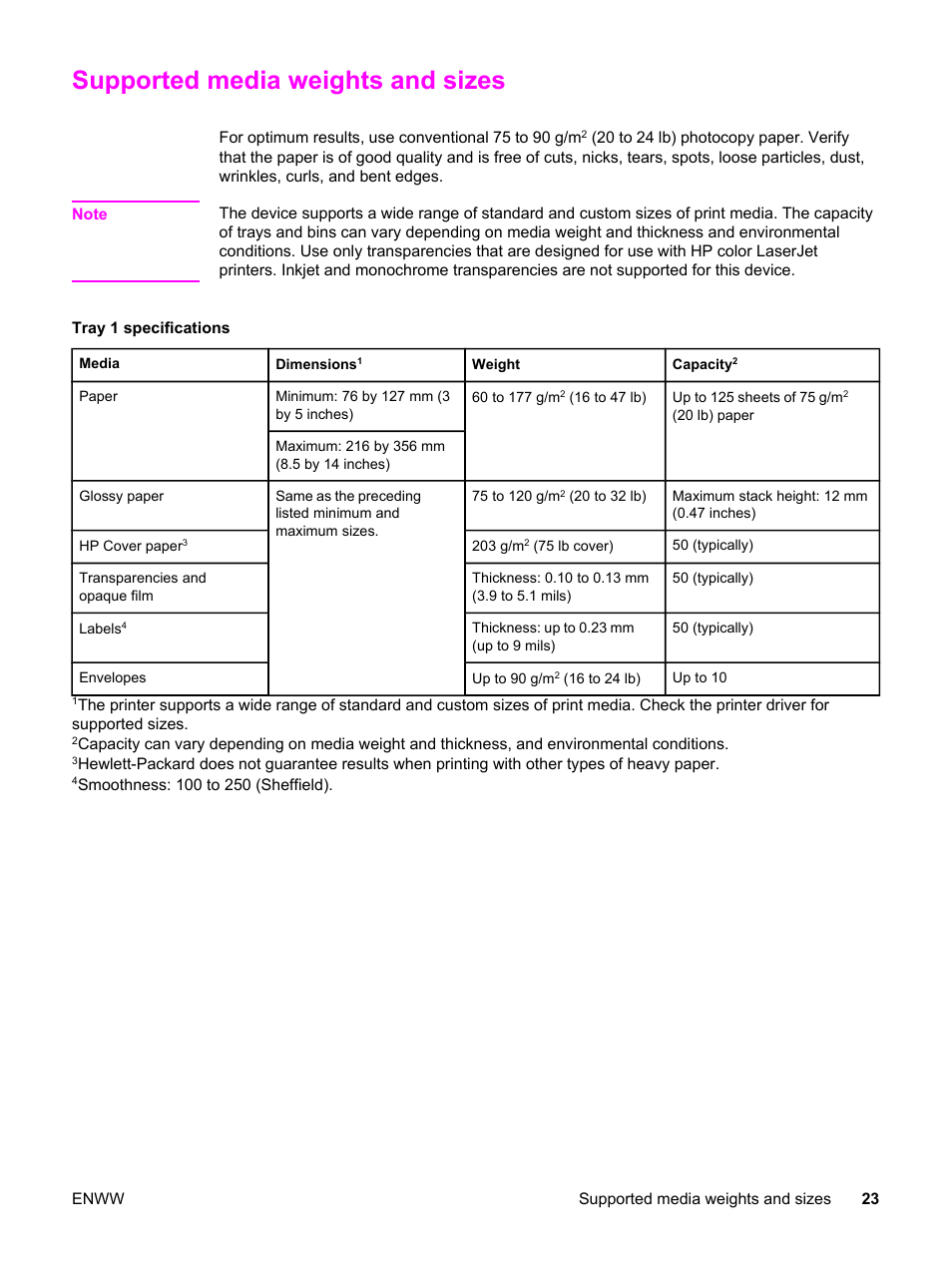 Supported media weights and sizes | HP 2820 User Manual | Page 39 / 334