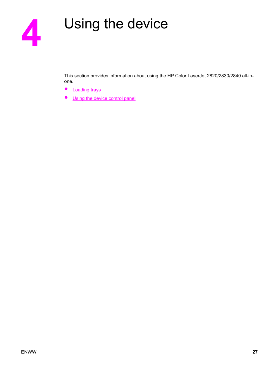 Using the device, 4 using the device | HP 2820 User Manual | Page 43 / 334