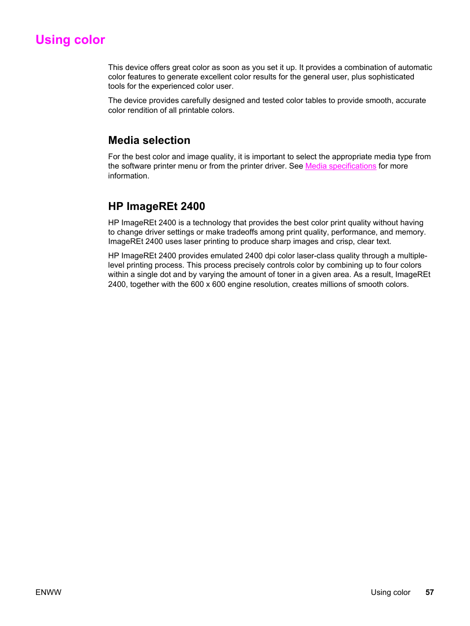 Using color, Media selection, Hp imageret 2400 | Media selection hp imageret 2400 | HP 2820 User Manual | Page 73 / 334
