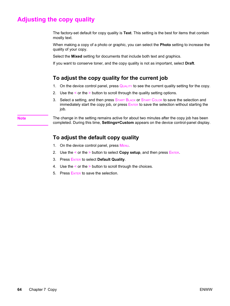 Adjusting the copy quality, To adjust the copy quality for the current job, To adjust the default copy quality | HP 2820 User Manual | Page 80 / 334