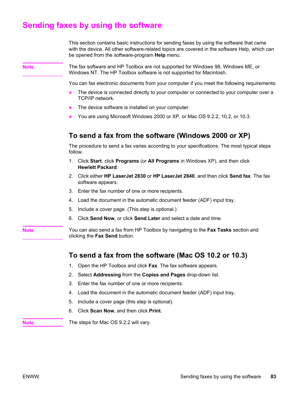 Sending faxes by using the software | HP 2820 User Manual | Page 99 / 334