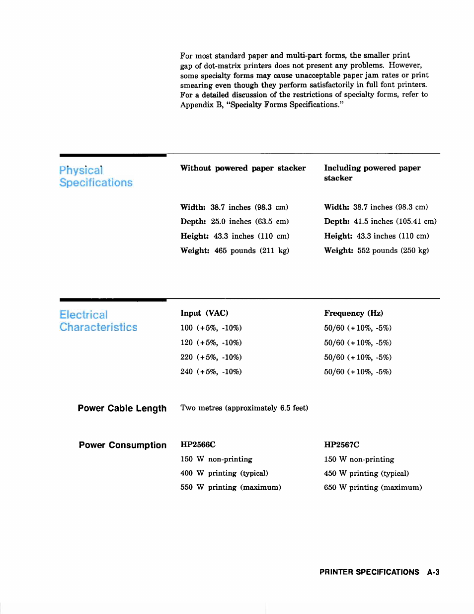 Physical specifications, Electrical, Characteristics | HP 2566C User Manual | Page 102 / 122