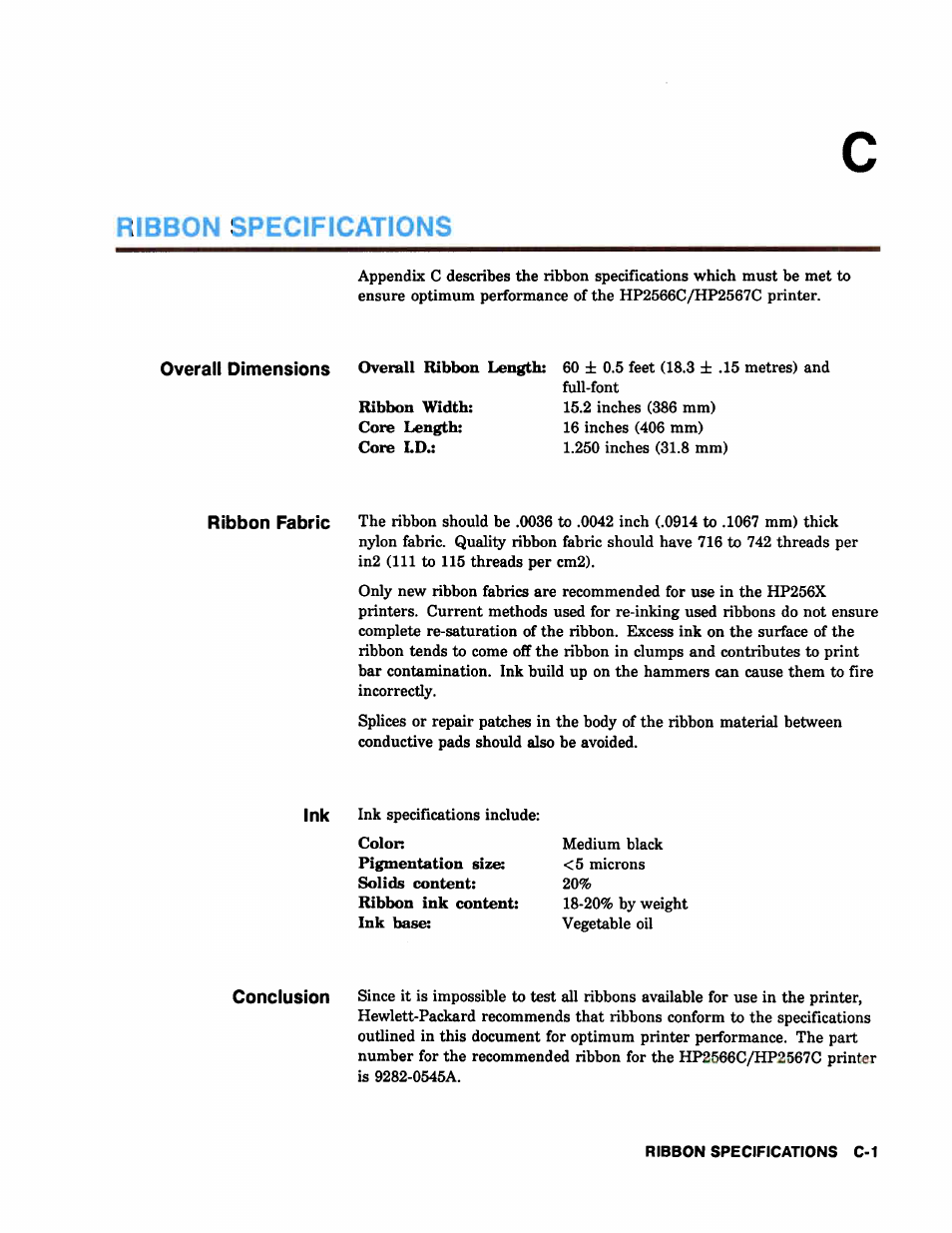 Ribbon specifications | HP 2566C User Manual | Page 114 / 122