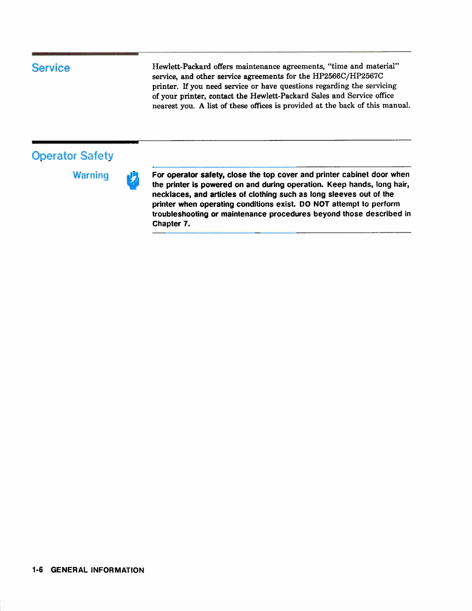 Service, Operator safety | HP 2566C User Manual | Page 15 / 122