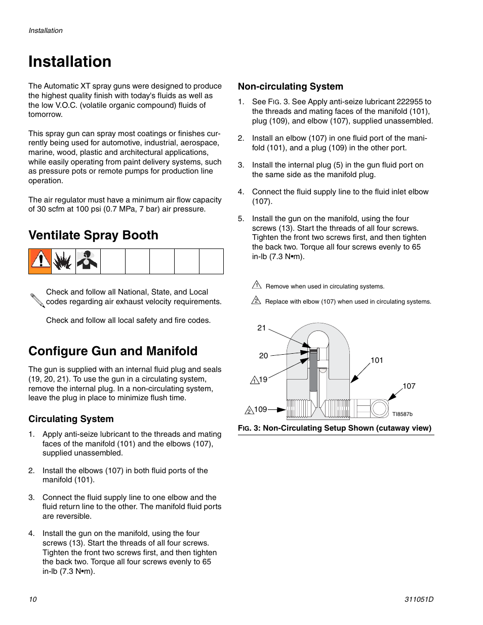 Installation, Ventilate spray booth, Configure gun and manifold | Ventilate spray booth configure gun and manifold | HP AUTOMATIC XT SPAY GUNS 311051D User Manual | Page 10 / 38