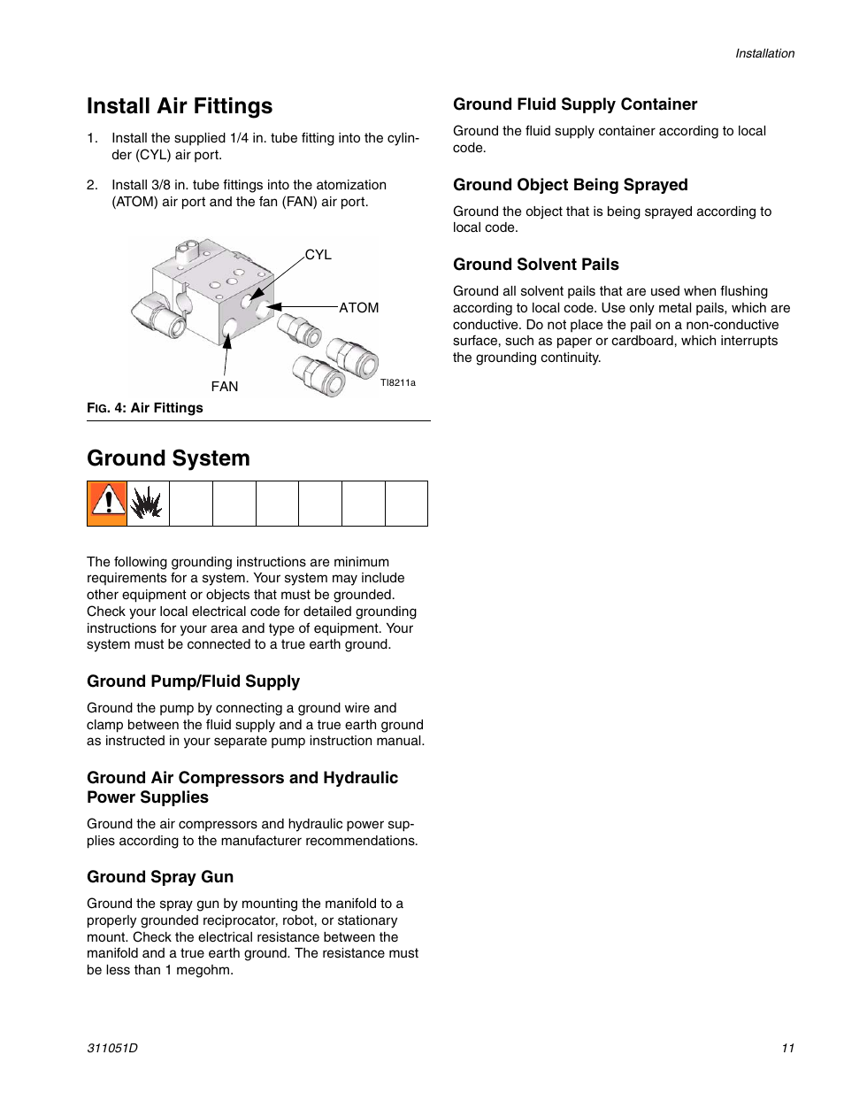 Install air fittings, Ground system | HP AUTOMATIC XT SPAY GUNS 311051D User Manual | Page 11 / 38