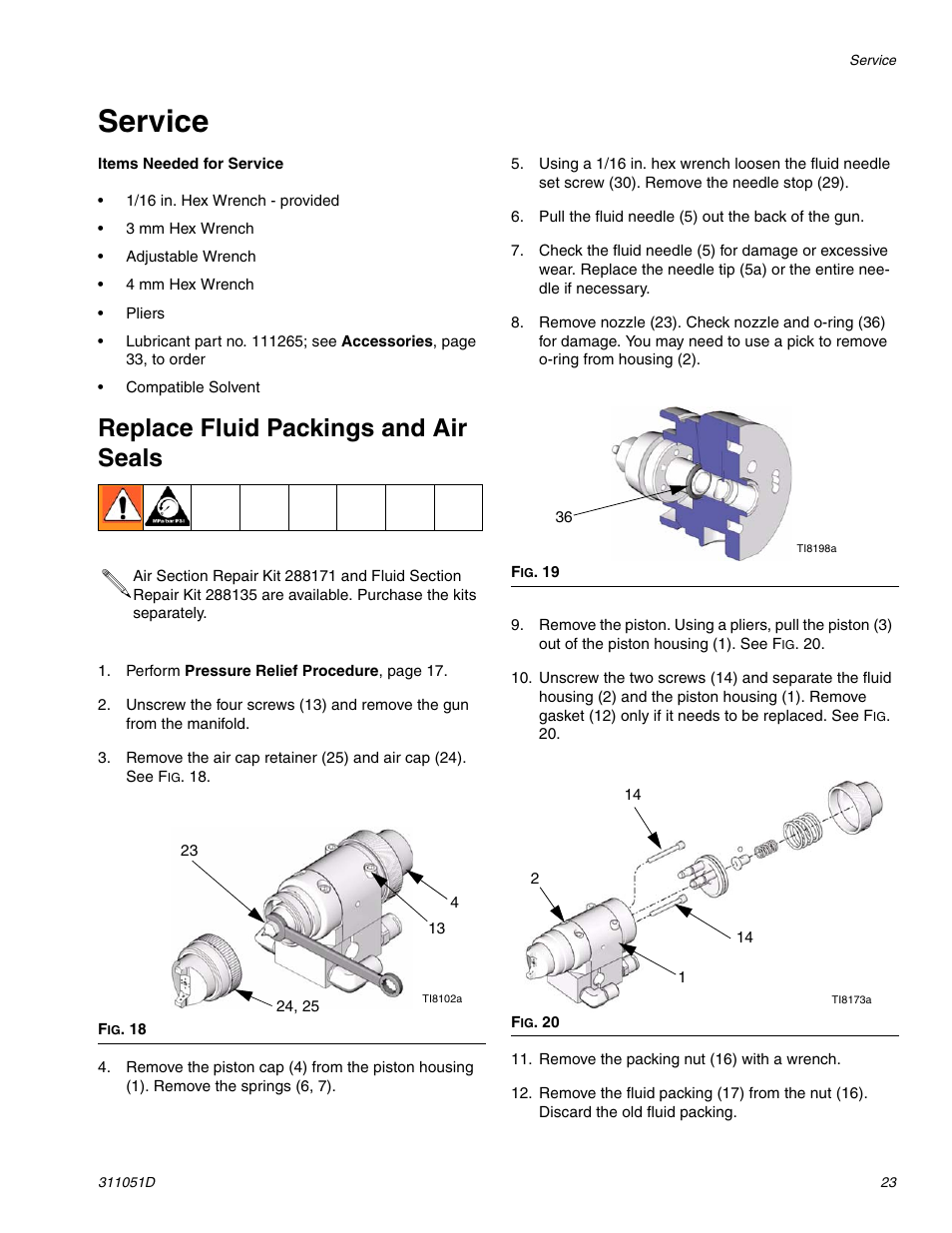 Service, Replace fluid packings and air seals | HP AUTOMATIC XT SPAY GUNS 311051D User Manual | Page 23 / 38