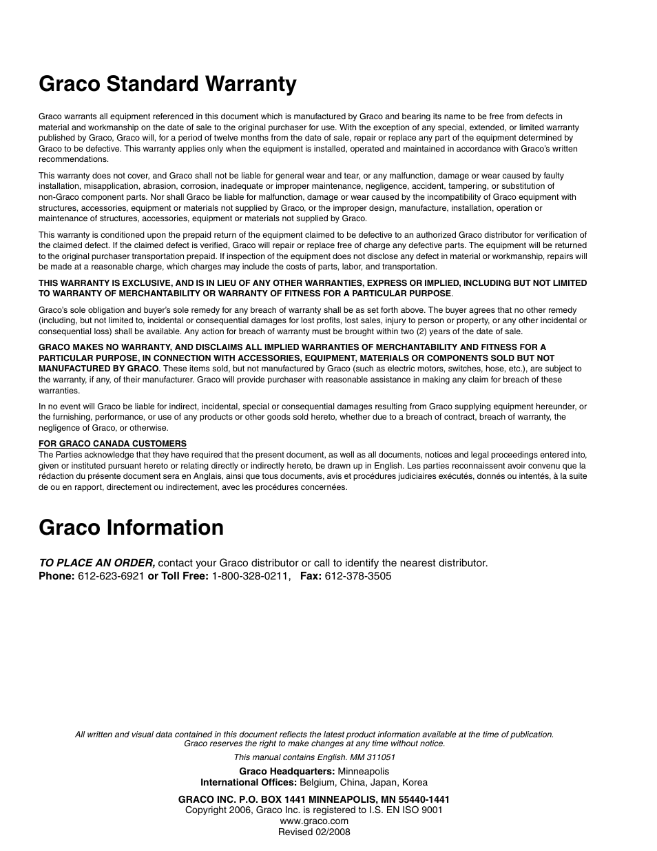 Graco standard warranty, Graco information | HP AUTOMATIC XT SPAY GUNS 311051D User Manual | Page 38 / 38