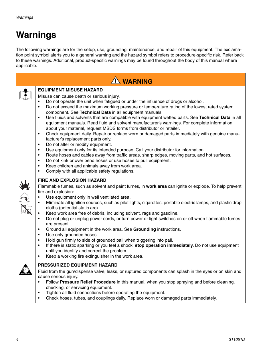 Warnings, Warning | HP AUTOMATIC XT SPAY GUNS 311051D User Manual | Page 4 / 38