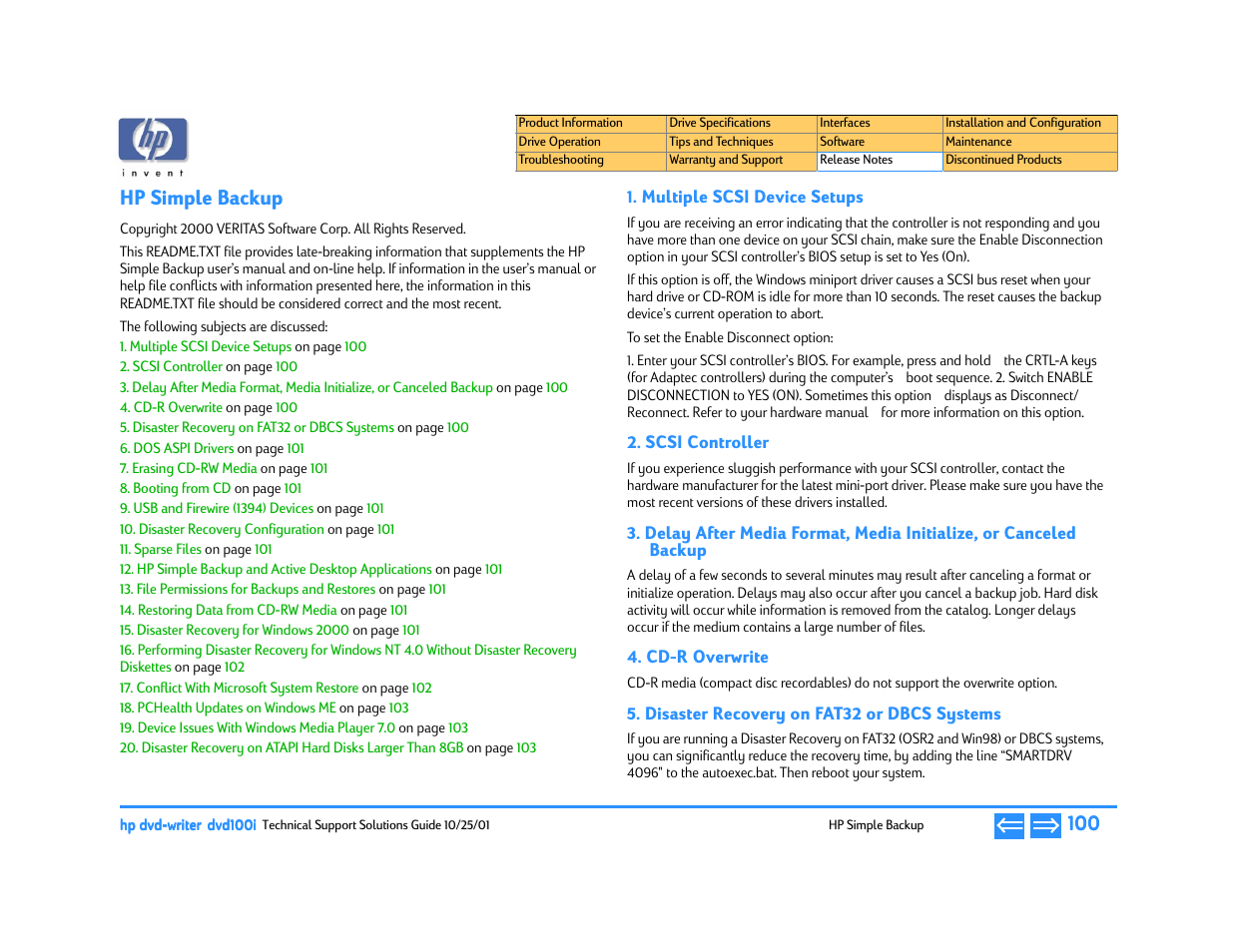 Hp simple backup, Multiple scsi device setups, Scsi controller | Cd-r overwrite, Disaster recovery on fat32 or dbcs systems, P. 100 | HP DVD100I User Manual | Page 100 / 104