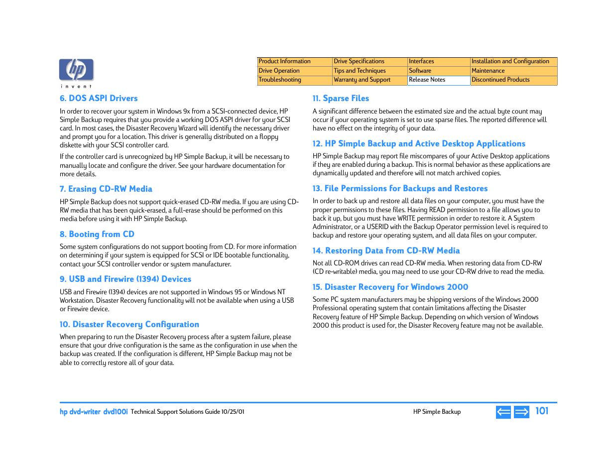 Dos aspi drivers, Erasing cd-rw media, Booting from cd | Usb and firewire (1394) devices, Disaster recovery configuration, Sparse files, Hp simple backup and active desktop applications, File permissions for backups and restores, Restoring data from cd-rw media, Disaster recovery for windows 2000 | HP DVD100I User Manual | Page 101 / 104