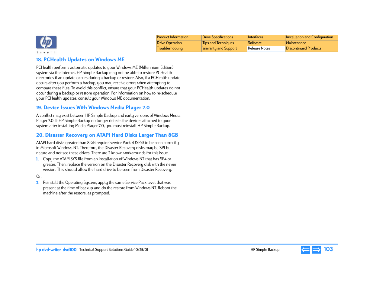 Pchealth updates on windows me, Device issues with windows media player 7.0 | HP DVD100I User Manual | Page 103 / 104