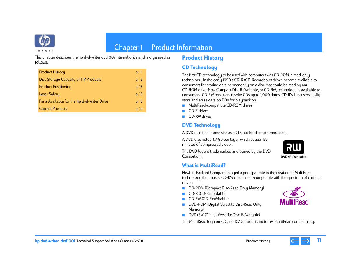 Product information, Product history, Cd technology | Dvd technology, What is multiread, Chapter 1 product information, P. 11, Chapter 1 | HP DVD100I User Manual | Page 11 / 104