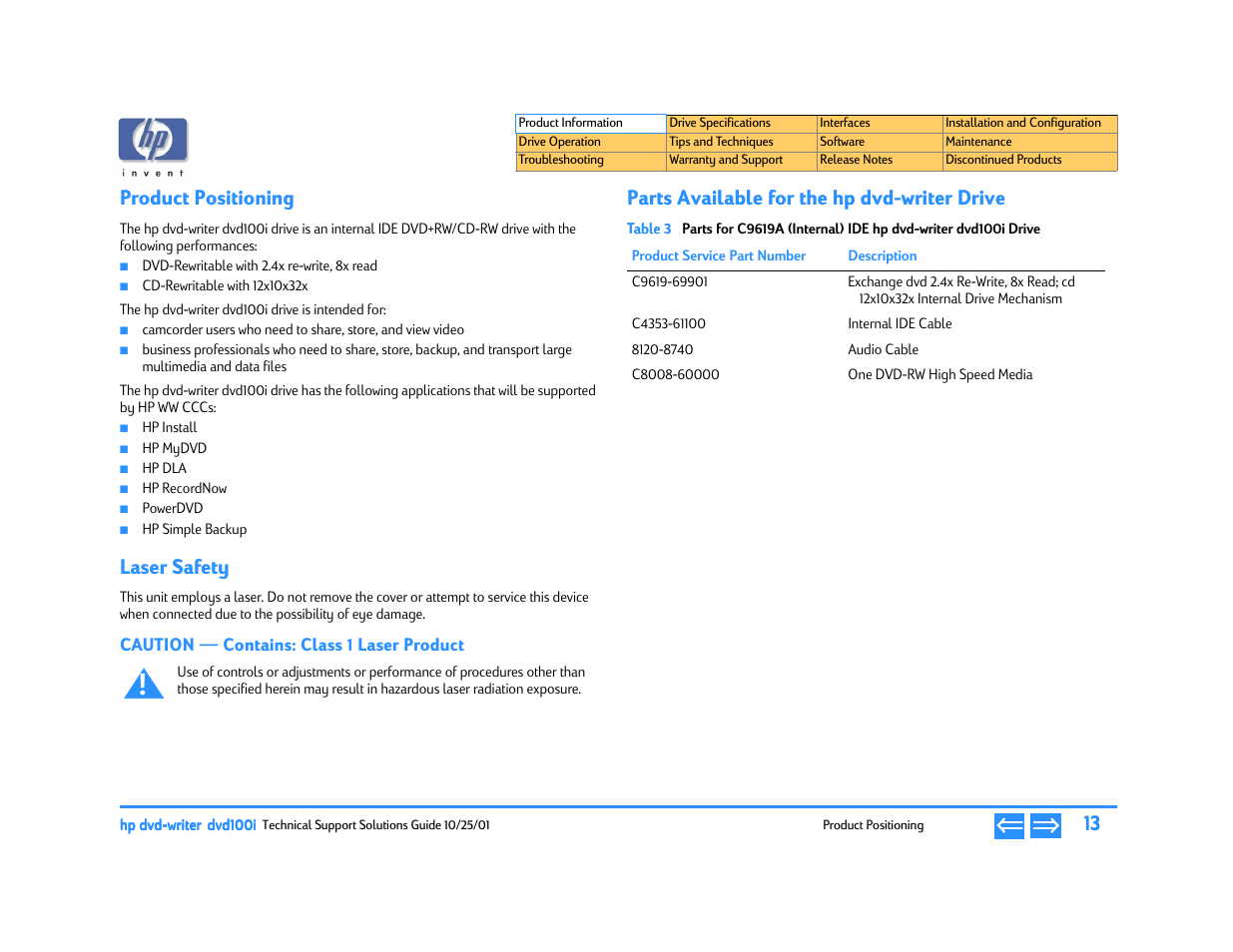 Product positioning, Laser safety, Caution — contains: class 1 laser product | Parts available for the hpdvdwriter drive, Parts available for the hp dvd-writer drive, P. 13 | HP DVD100I User Manual | Page 13 / 104