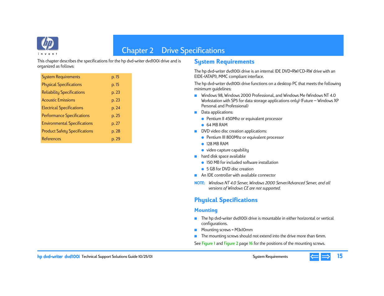 Drive specifications, System requirements, Physical specifications | Mounting, Chapter 2 drive specifications, P. 15, Chapter 2 | HP DVD100I User Manual | Page 15 / 104