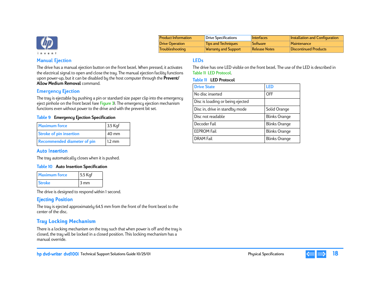 Manual ejection, Emergency ejection, Auto insertion | Ejecting position, Tray locking mechanism, Leds, Emergency ejection specification, Auto insertion specification, Led protocol | HP DVD100I User Manual | Page 18 / 104