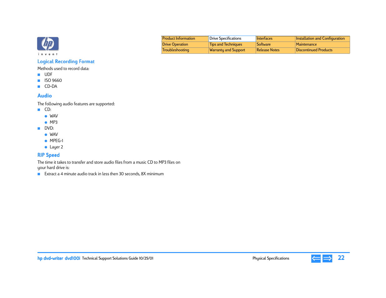 Logical recording format, Audio, Rip speed | HP DVD100I User Manual | Page 22 / 104