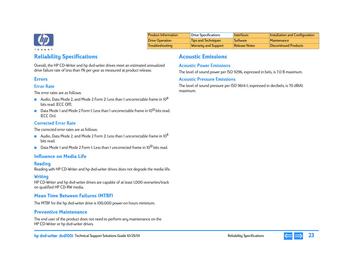 Reliability specifications, Errors, Error rate | Corrected error rate, Influence on media life, Reading, Writing, Mean time between failures (mtbf), Preventive maintenance, Acoustic emissions | HP DVD100I User Manual | Page 23 / 104