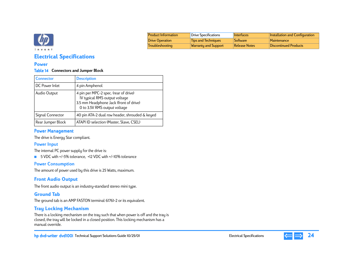 Electrical specifications, Power, Power management | Power input, Power consumption, Front audio output, Ground tab, Tray locking mechanism, Connectors and jumper block, P. 24 | HP DVD100I User Manual | Page 24 / 104