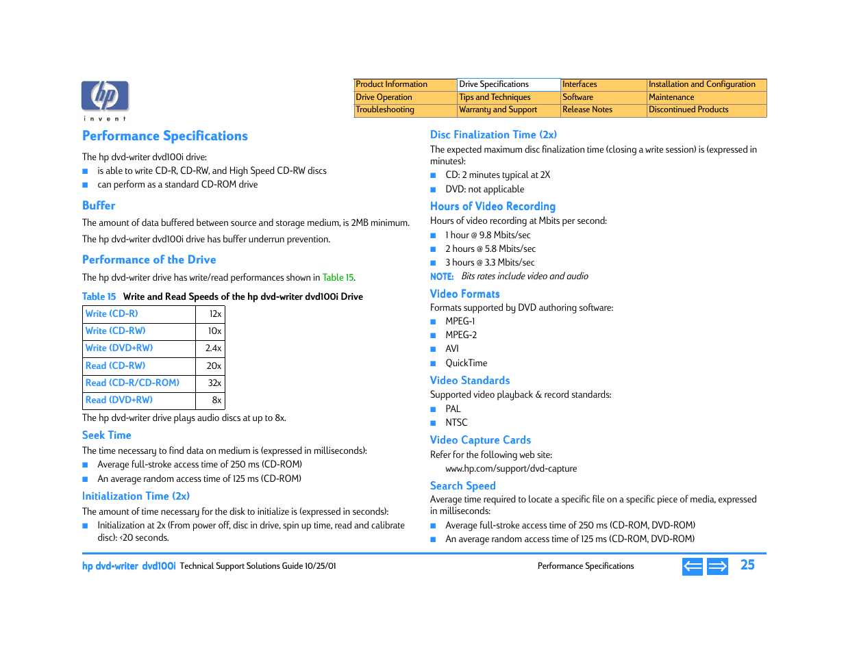 Performance specifications, Buffer, Performance of the drive | Seek time, Initialization time (2x), Disc finalization time (2x), Hours of video recording, Video formats, Video standards, Video capture cards | HP DVD100I User Manual | Page 25 / 104