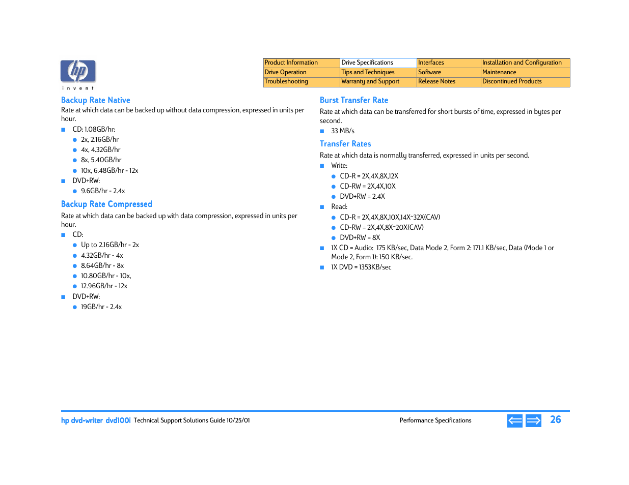 Backup rate native, Backup rate compressed, Burst transfer rate | Transfer rates | HP DVD100I User Manual | Page 26 / 104