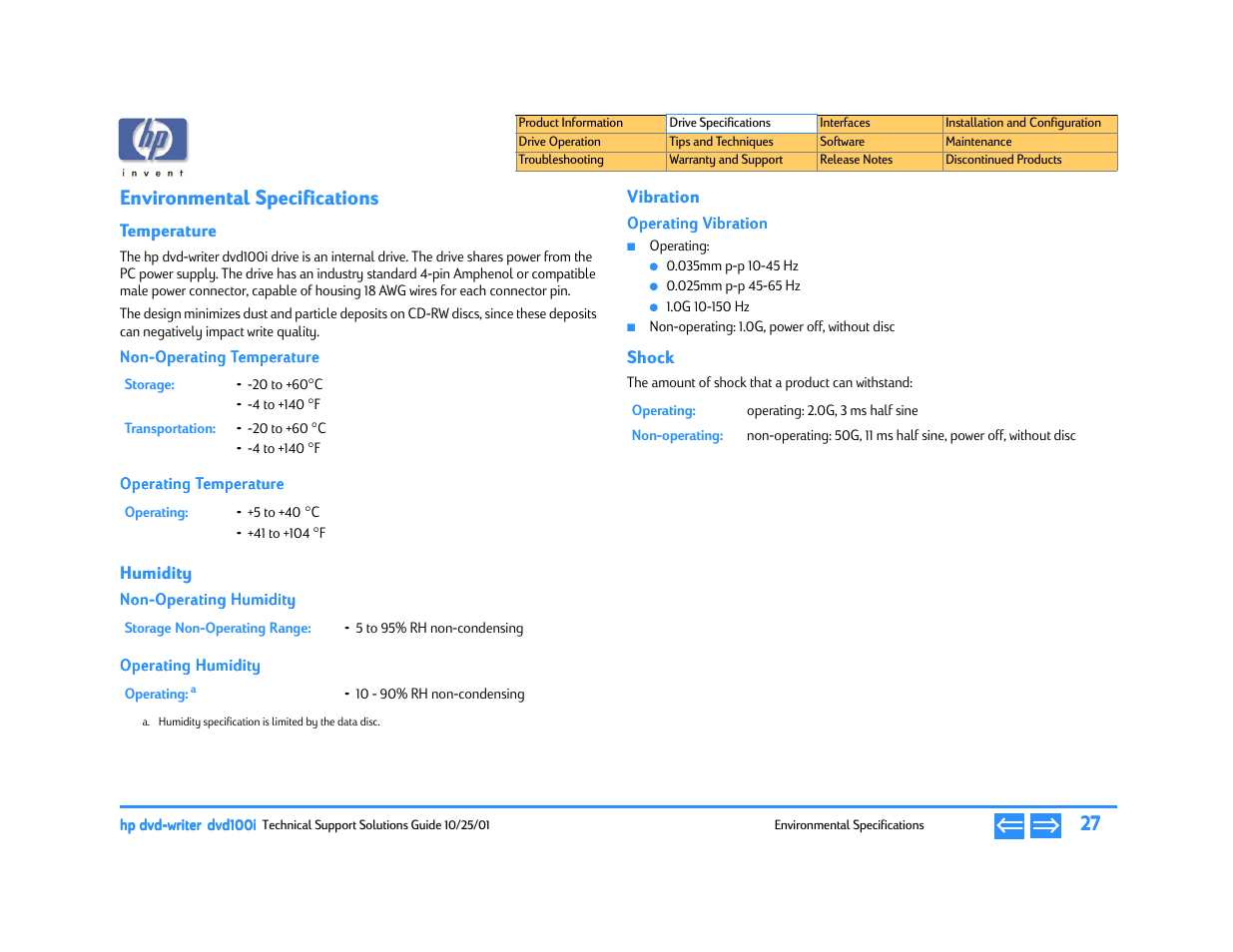 Environmental specifications, Temperature, Non-operating temperature | Operating temperature, Humidity, Non-operating humidity, Operating humidity, Vibration, Operating vibration, Shock | HP DVD100I User Manual | Page 27 / 104