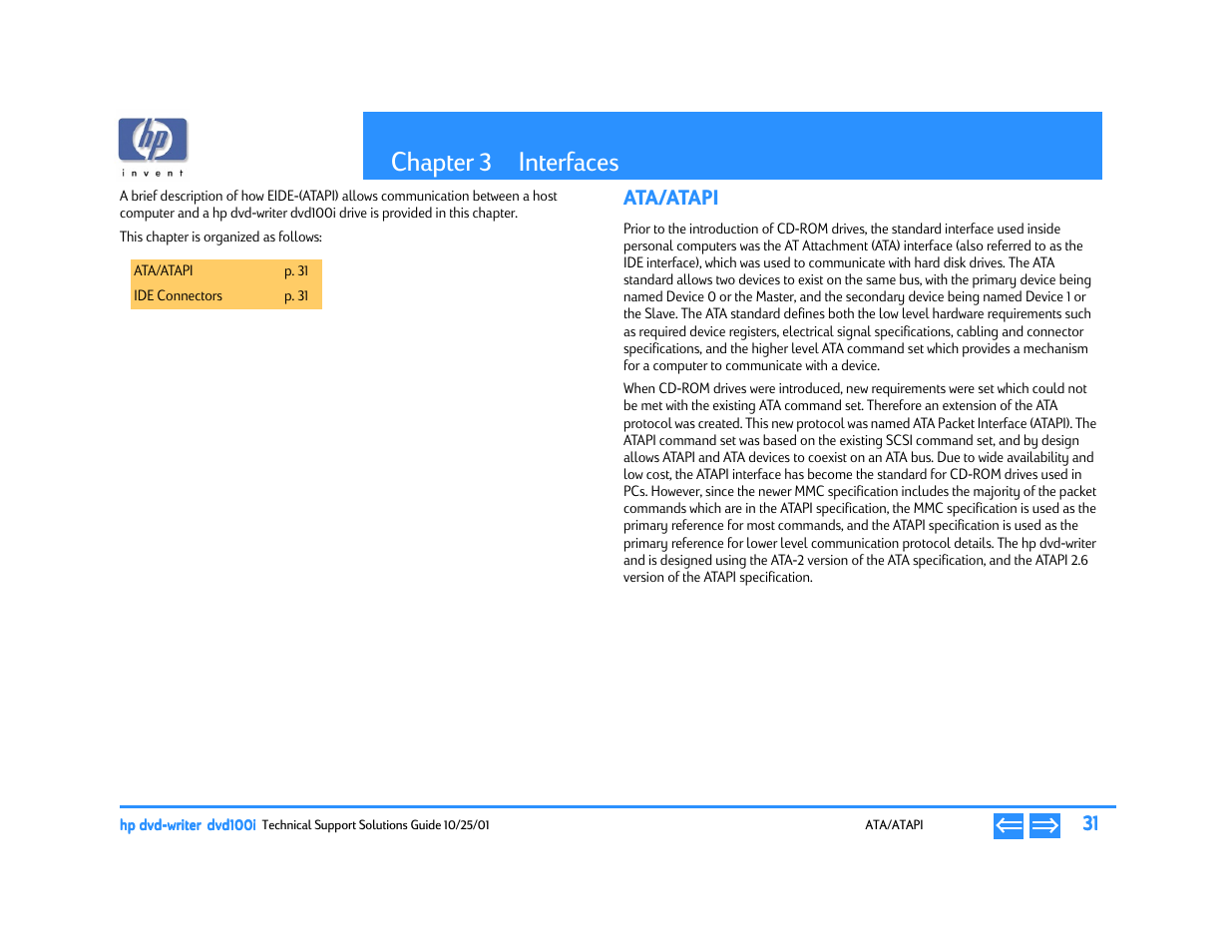 Interfaces, Ata/atapi, Chapter 3 interfaces | P. 31, Chapter 3 | HP DVD100I User Manual | Page 31 / 104