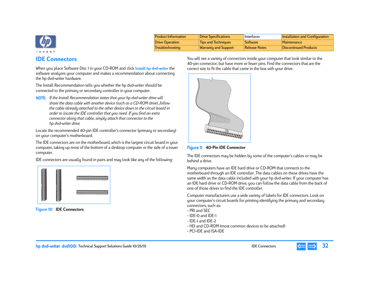 Ide connectors, E 11, Pin ide connector | HP DVD100I User Manual | Page 32 / 104