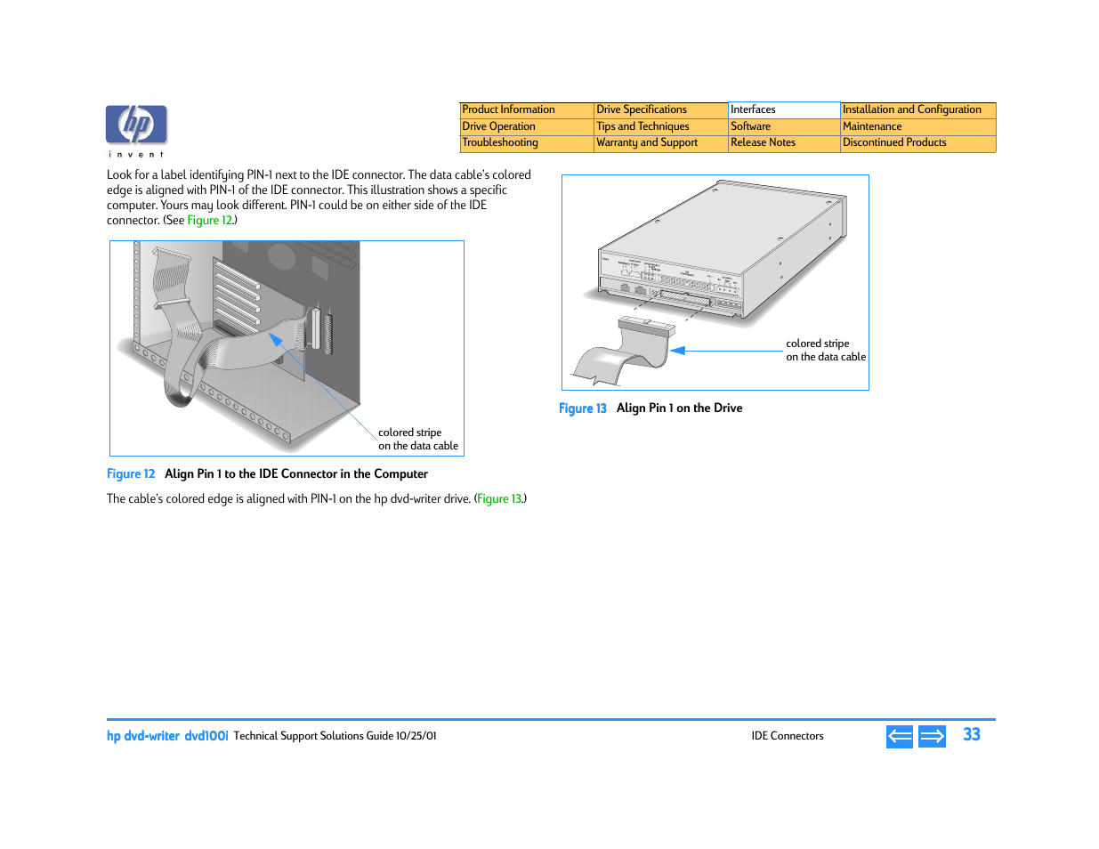 E 12, Align pin 1 to the ide connector in the computer, Align pin 1 on the drive | HP DVD100I User Manual | Page 33 / 104