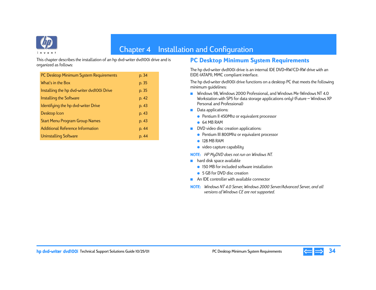 Installation and configuration, Pc desktop minimum system requirements, Chapter 4 installation and configuration | P. 34, Chapter 4 | HP DVD100I User Manual | Page 34 / 104