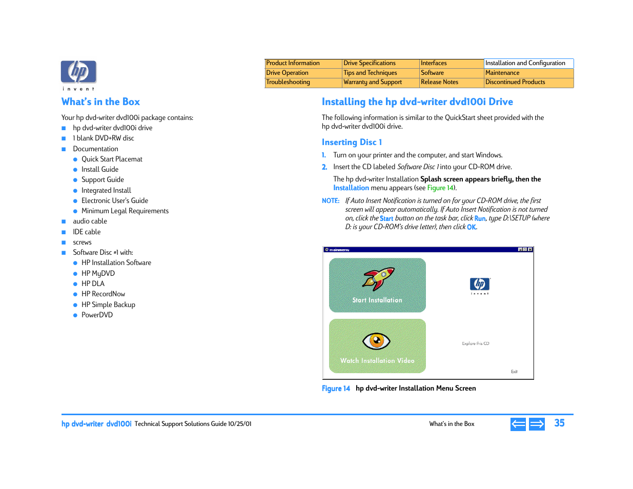 What’s in the box, Installing the hpdvdwriterdvd100i drive, Inserting disc 1 | Installing the hp dvd-writer dvd100i drive, E 14, Hp dvd-writer installation menu screen, P. 35 | HP DVD100I User Manual | Page 35 / 104