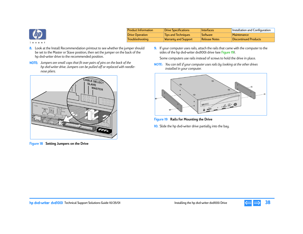 E 18, Setting jumpers on the drive, E 19 | Rails for mounting the drive | HP DVD100I User Manual | Page 38 / 104