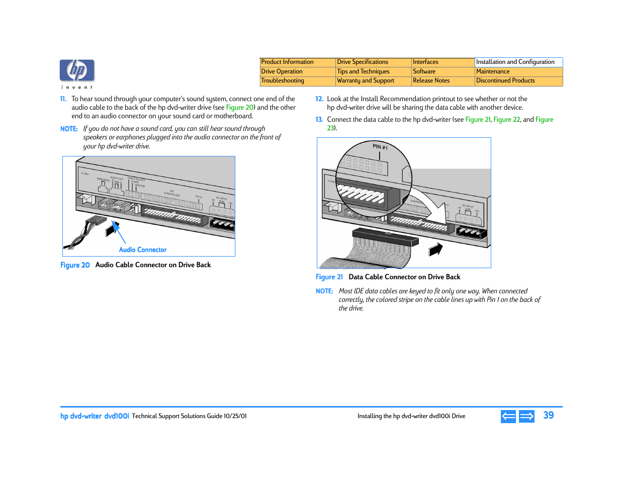 Audio cable connector on drive back, E 21, Data cable connector on drive back | HP DVD100I User Manual | Page 39 / 104