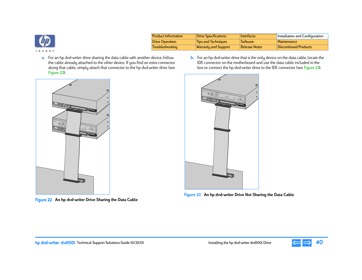 An hp dvd-writer drive sharing the data cable, An hp dvd-writer drive not sharing the data cable, Figure 22 | Figure | HP DVD100I User Manual | Page 40 / 104